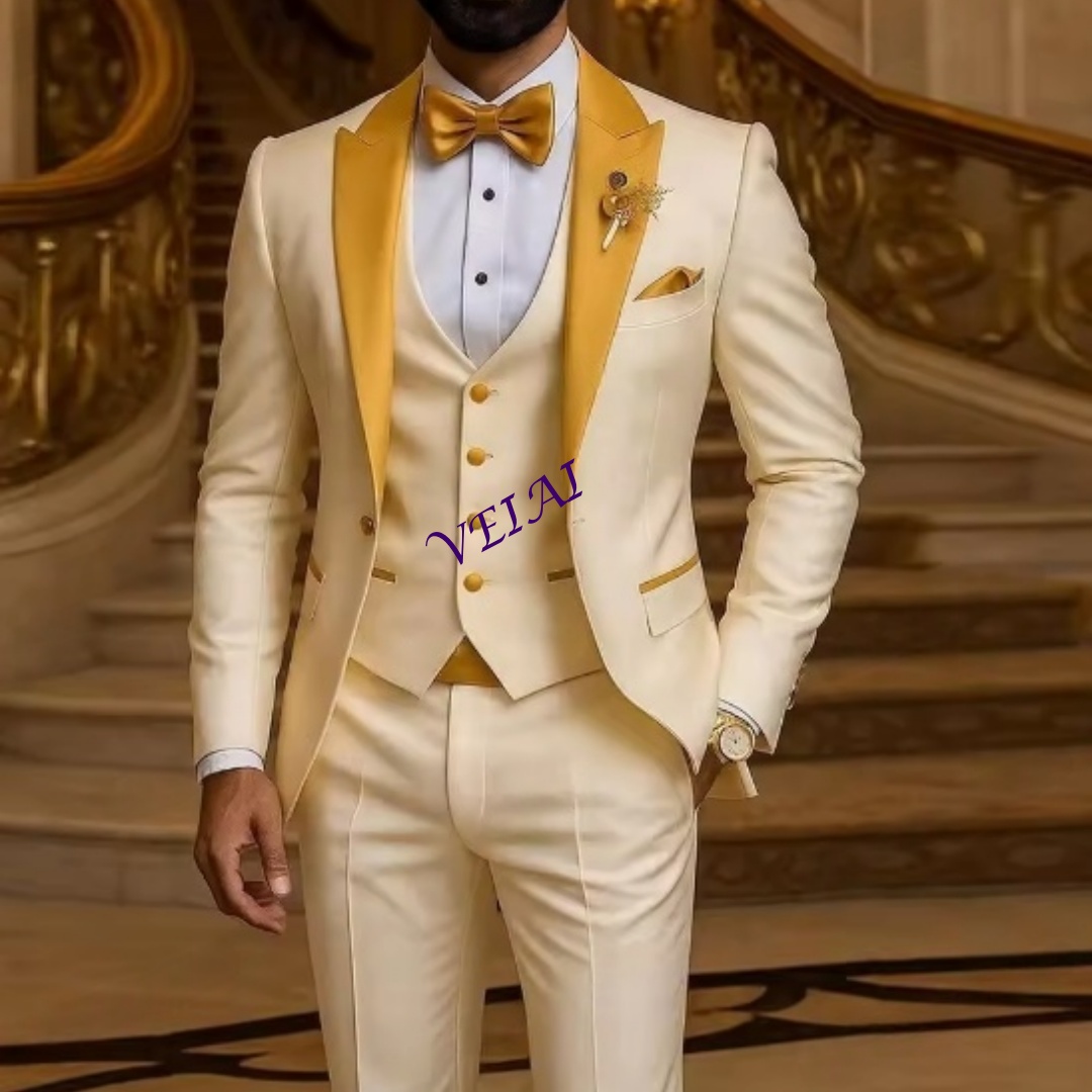 Men Grooming Outfit - Costume pour hommes, col doré, ivoire,