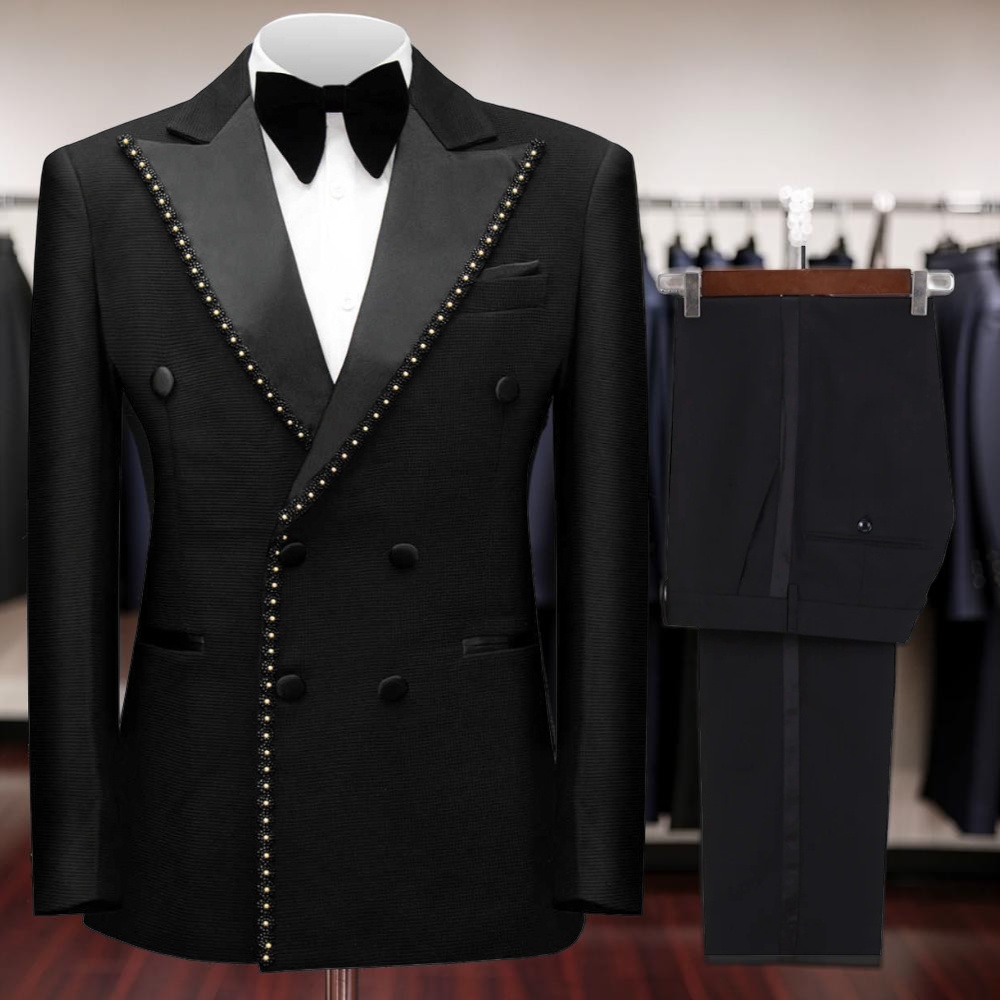 Men Grooming Outfit - Costume de cérémonie croisé perlé pour